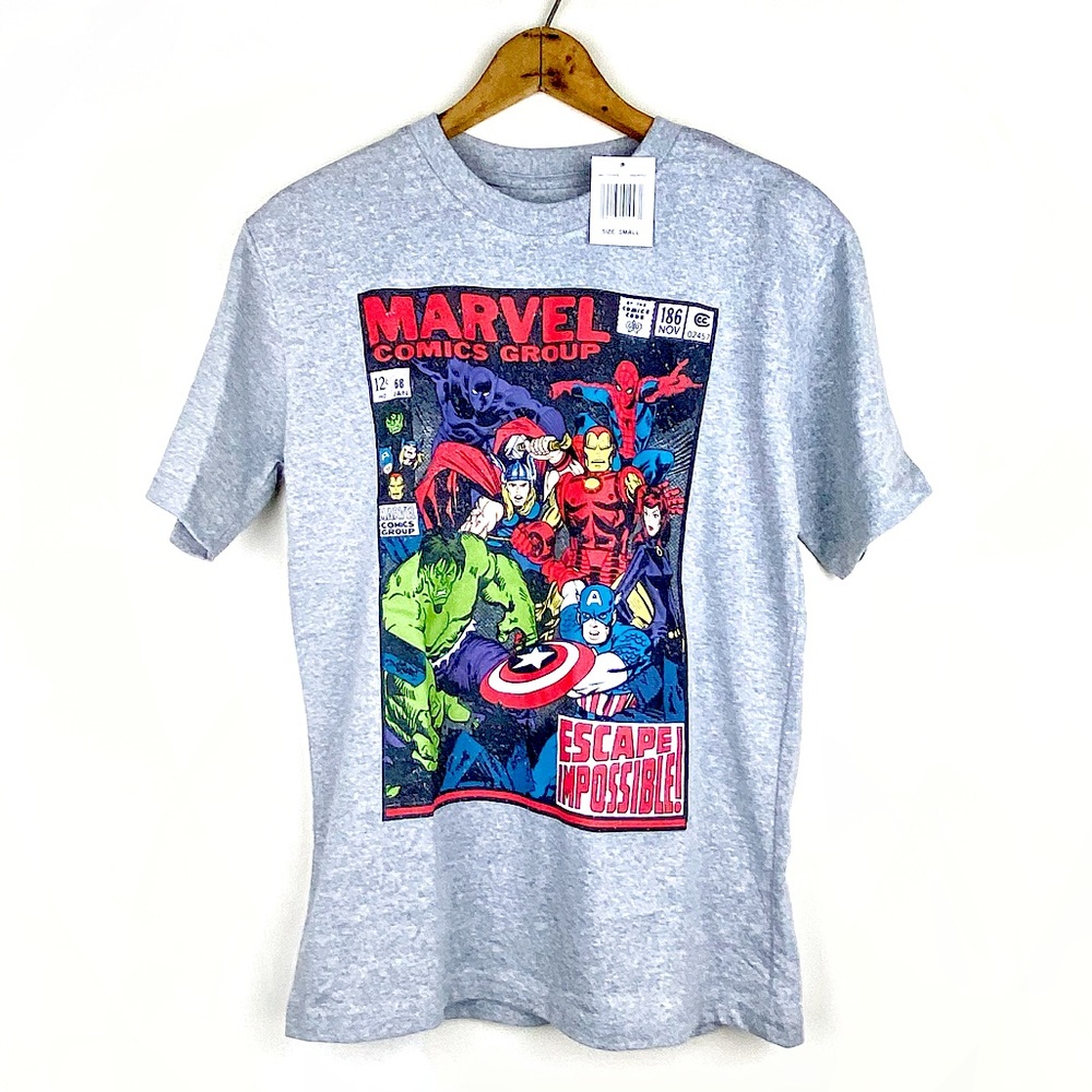 NWT Marvel Comics Group Escape Impossible Grey Graphic Tee Superhero T-Shirt S